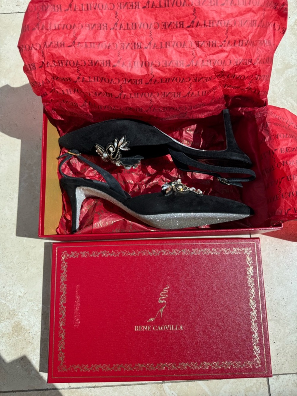 NEW Rene Caovilla Black Suede Pearl & Crystal Slingback Heels - Picture 2 of 6